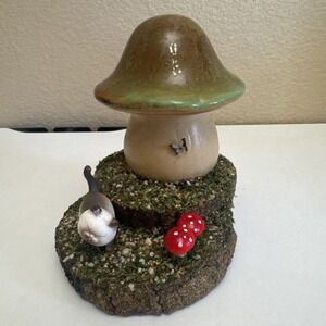 Mushroom Decor/Figurine Glazed Ceramic On Wood, Siamese Cat, Butterfly Garden